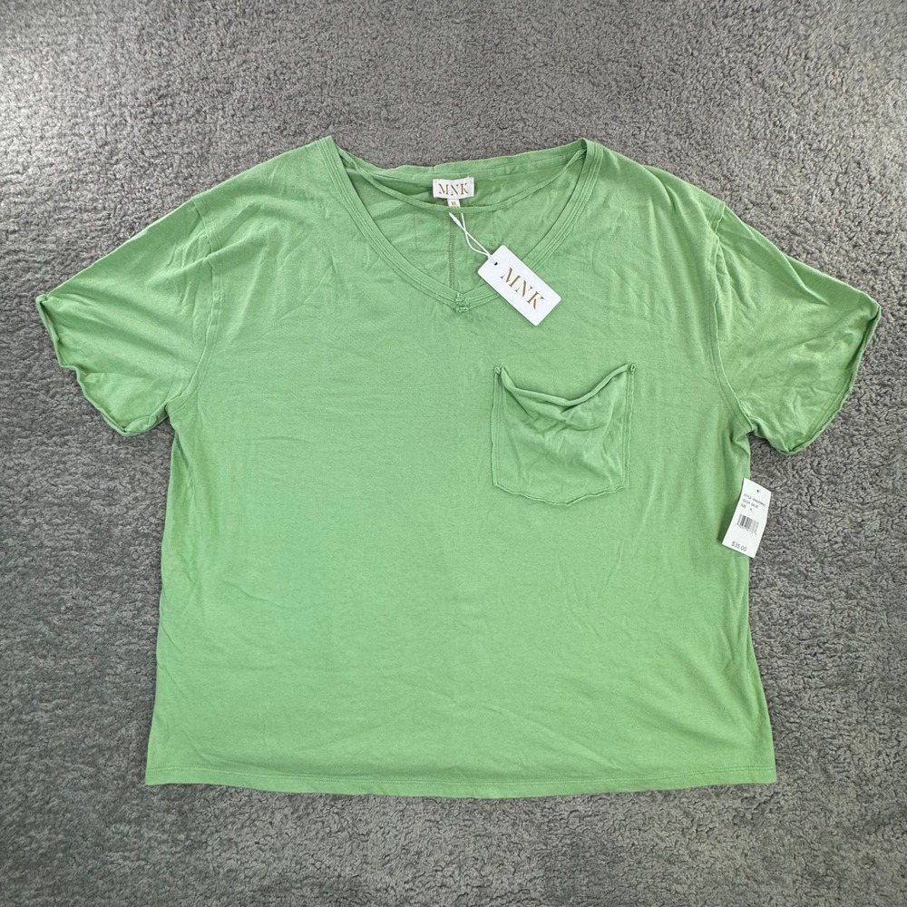 MNK Womens Sage Green 100% Cotton V-Neck Pocket‎ T-Shirt OM2209KKT XL NWT